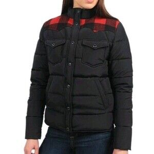Penfield Rockford Down Jacket Womens S Buffalo Plaid Black Red Snap Puffer Coat